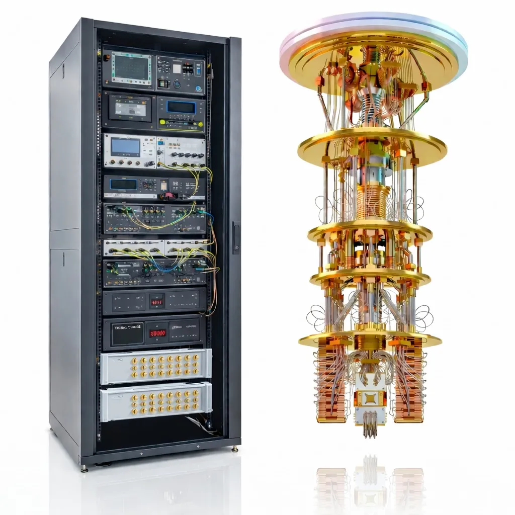 Quantum computing lab with server rack and dilution refrigerator cryostat